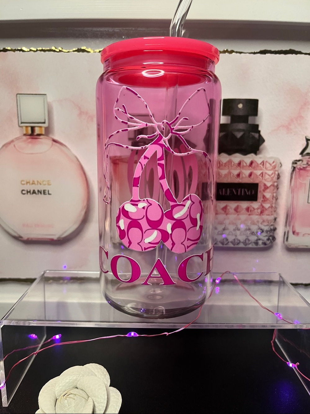 🆕TUMBLER Pink Cherry 🍒 Clear Glass  Homemade )NWT 16oz.